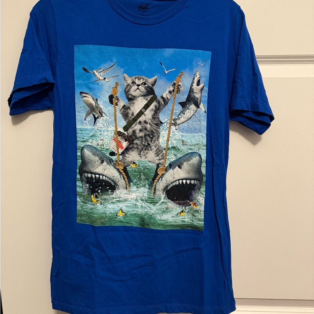Blue Graphic T-Shirt with Cat and Sharks